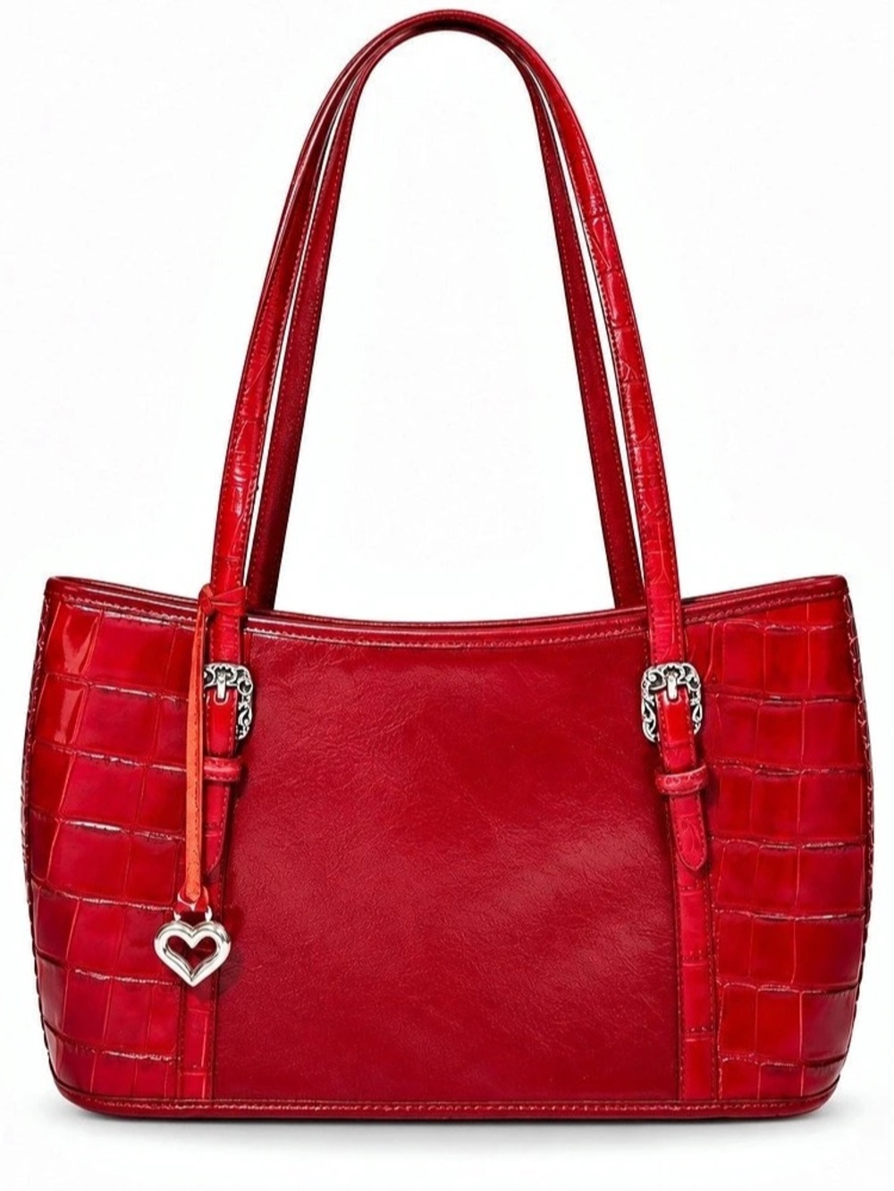 Brighton Red Leather Croc Embossed Tote Heart Charm Y2K Western Shoulder Bag